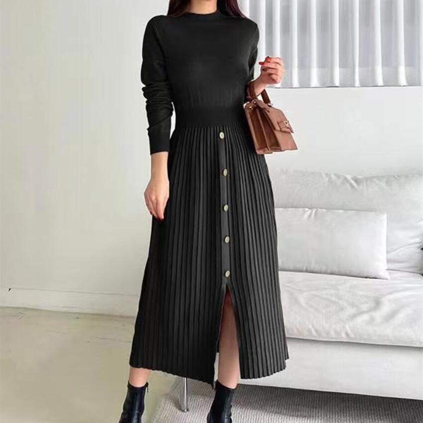 New temperament French split fork medium and long round neck knitted dress women's fashion temperament casual