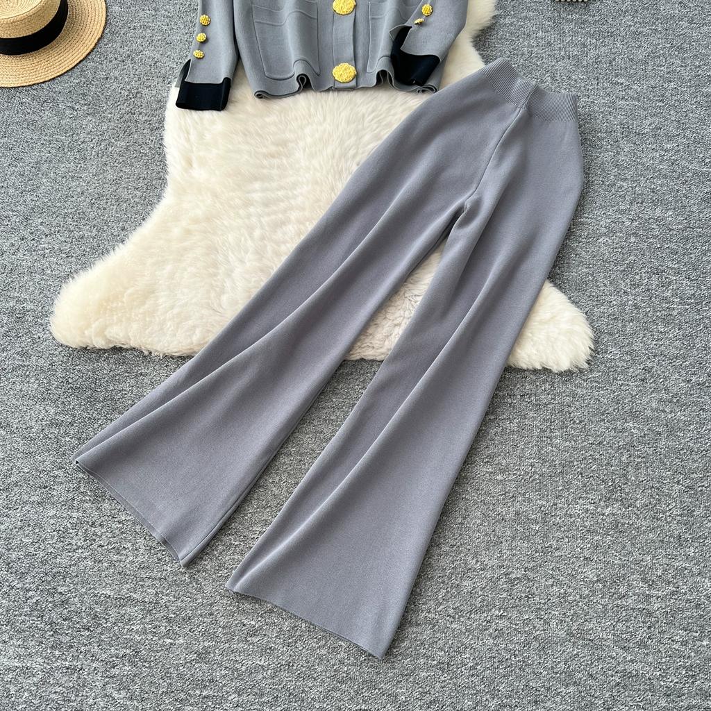 Autumn Winter Women Casual Knitted Sweater Trouser Two Piece Set Big Gold Button Single Breasted Jacket Tops and Elastic Waist Pant Tracksuit