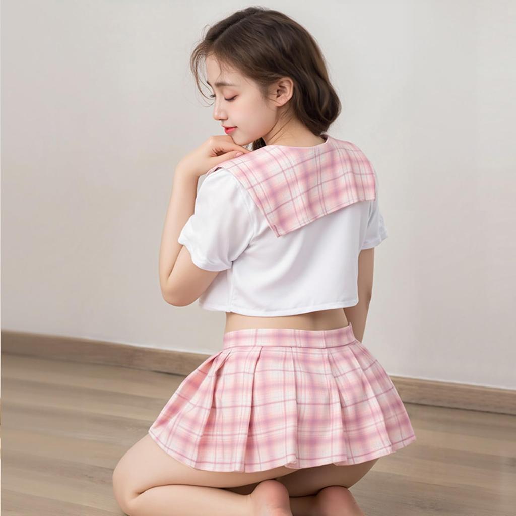 [lTUTlOrz] Sailor Uniform Plus Size School Uniform Cosplay Pink Top and Bottom Set Sexy Mini Skirt Short Sleeve Cute Ladies (S-XL)