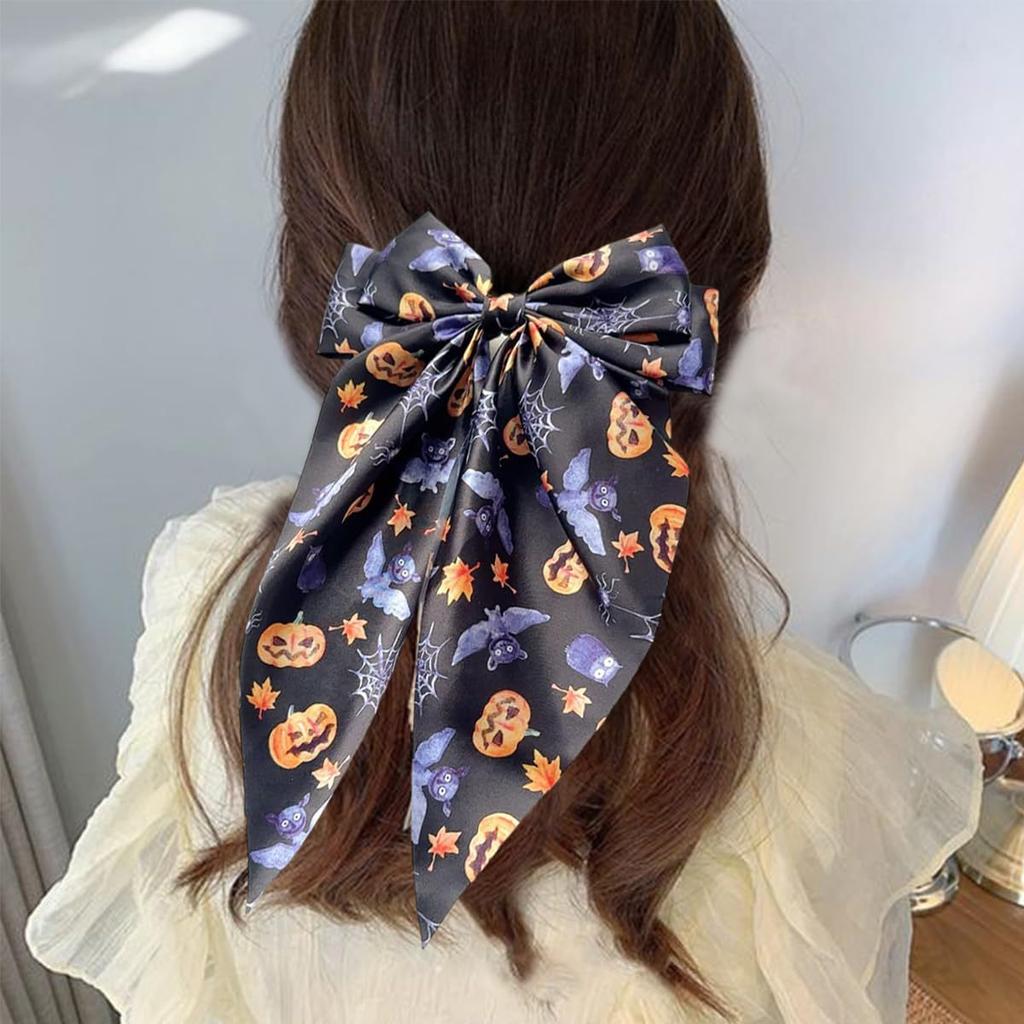 1pc Chic Halloween-Themed Bow Hair Clip - Black & White with Spooky Ghosts & Pumpkins Design, Silky Polyester