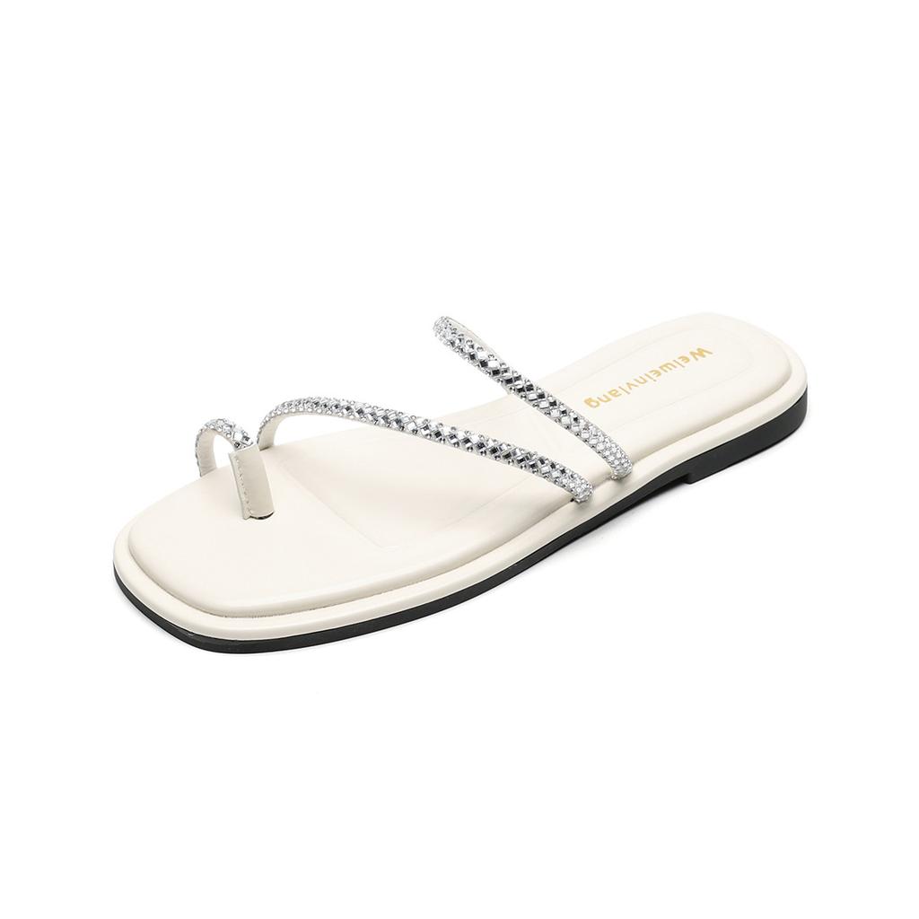 Rhinestone Cover Toe Cool Slippers Women's Summer Wear Open-toed Flat Bottom One-word Sandals