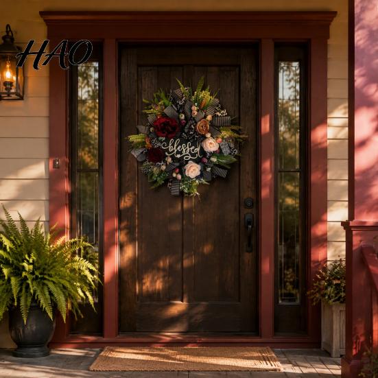Harvest Seasonal Garland Fall Leopard Print Wreath for Front Door, Artificial Floral with Home Accents Blessed Sign, Faux Peony Flower Wall