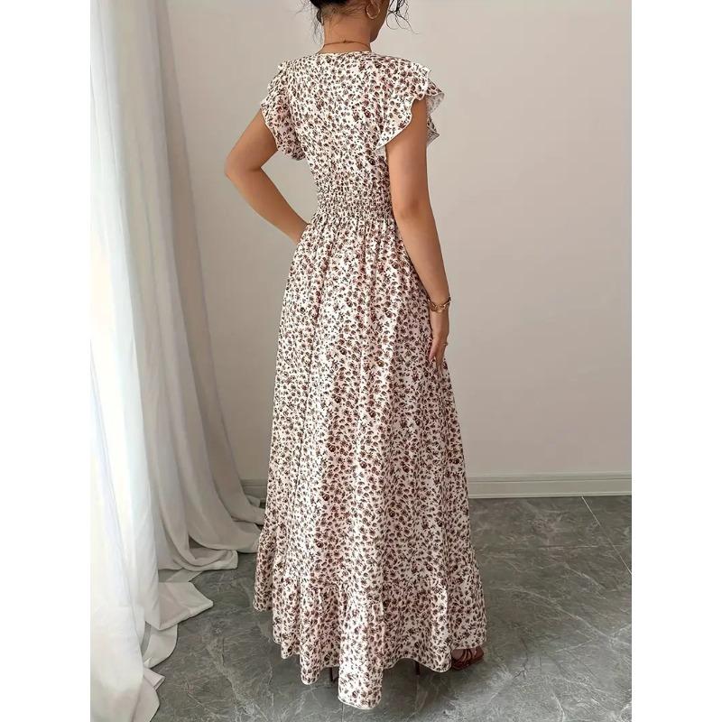 Summer Floral Printed Long Dress with Ruffled Short Sleeved V-neck Fashion Big Swing A-line Holiday Party Dress Elastic Waist Loose Casual Clothing