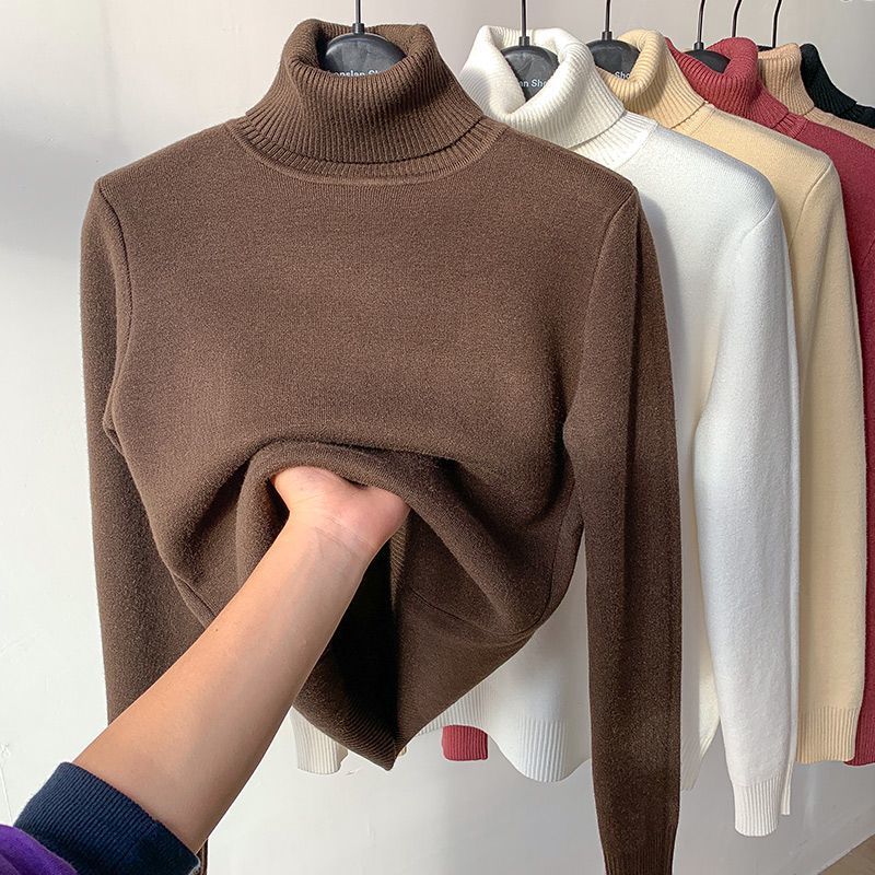 Winter High Collar Solid Color Velvet Warm Bottomed Sweater Women Simple All-match Knitting Pullover Top