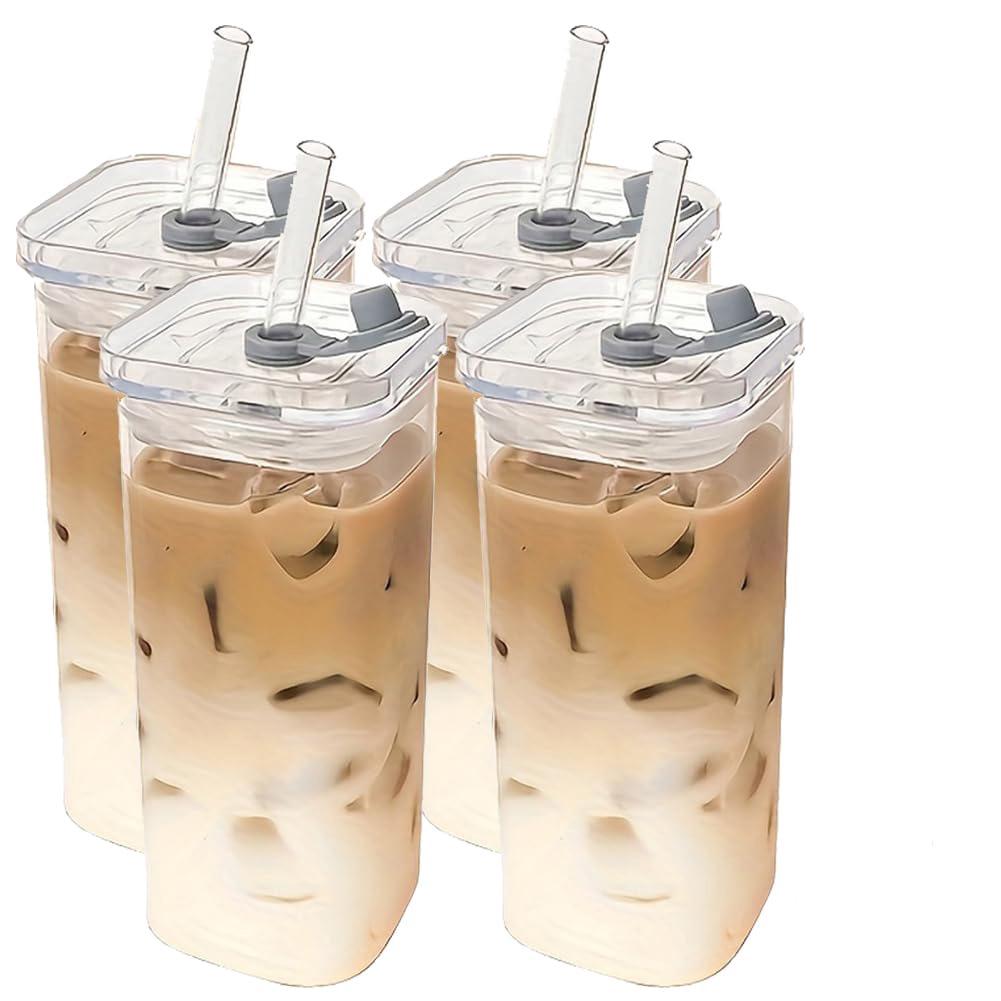 1/4pcs Portable Drinking Cup Unique Rectangular Heat-Resistant Glass Mug with Lid & Straw Durable for Hot or Cold Beverages