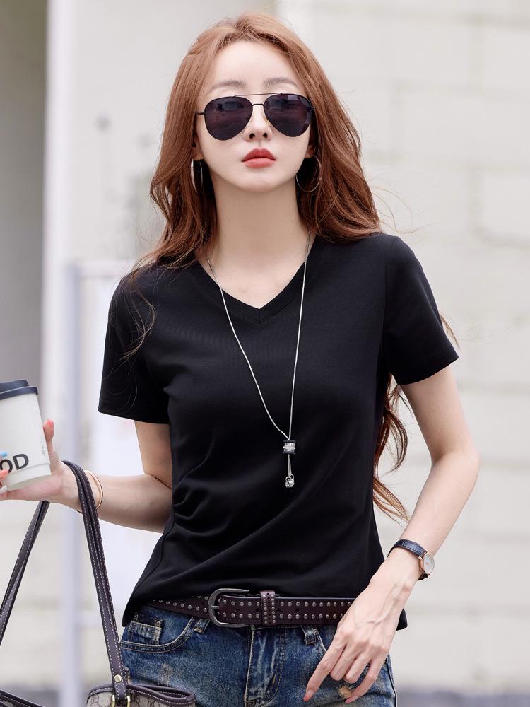 Women's Summer V-Neck Pleated Waist T-Shirt - Cotton, Short Sleeve, Elegant Korean Style