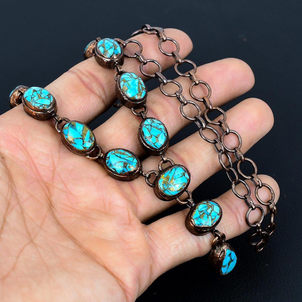 Blue Copper Turquoise Handmade Gemstone Necklace, Copper Electroformed Necklace Antique Jewelry, For Engagement Gift