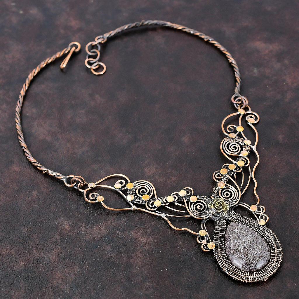 Dinosaur Bone Necklace Copper Wire Wrapped Necklace Gemstone Copper Jewelry Adjustable Necklace Handmade Birthstone Jewelry Anniversary Gift