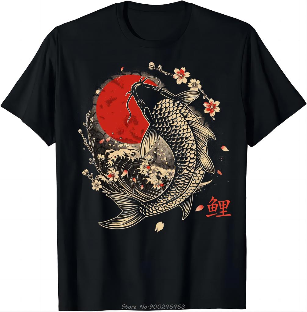 Cherry Blossom Koi Carp Fish Japanese Sakura Graphic Art T-Shirt Fashion O-neck Tops Tees Cotton Tshirt Men Fitness T Shirt