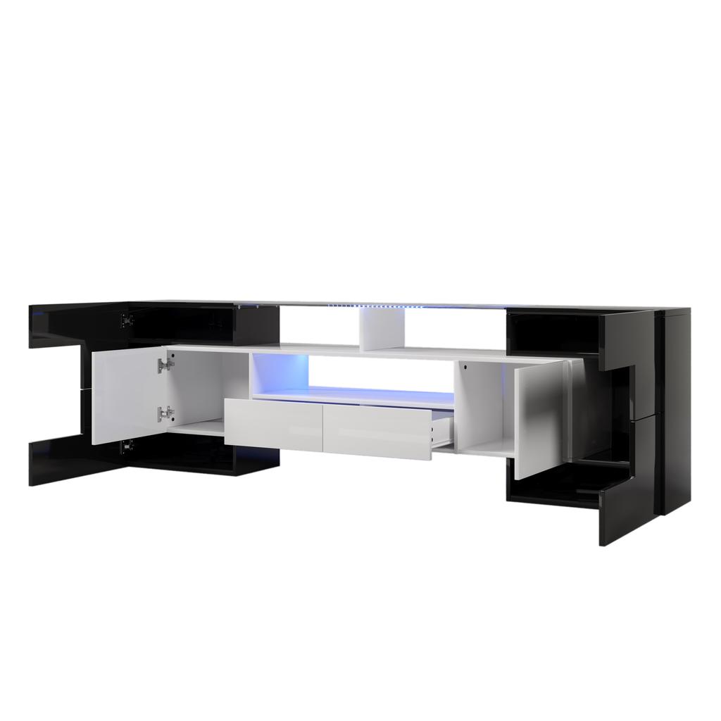 Stylish TV cabinet, low panel. High-gloss white and black, 200 cm, LED lighting. Living room furniture. Modern design. Elegant glass surface.