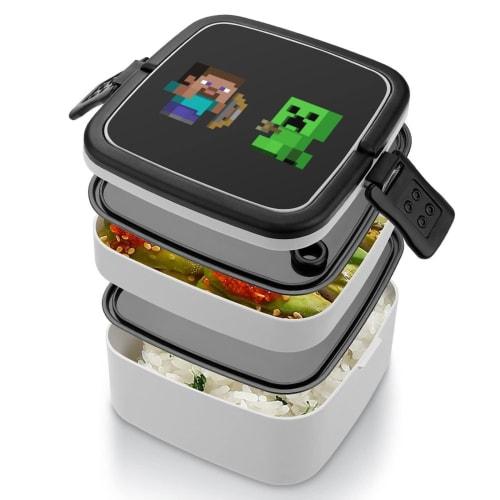 Minecraft Bento Box, Two-Tier, Fluffy Serving Lunch Box with Spoon, Antibacterial, Large Capacity, for Women, Men, and Children, 11cm High x 15.5cm Lo