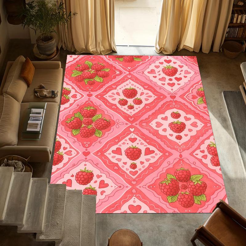 Pink Red Raspberry Area Rug Sweet Fruit Heart Pattern Bathroom Floor Carpet Non-Slip Washable Doormat for Entryway Kitchen
