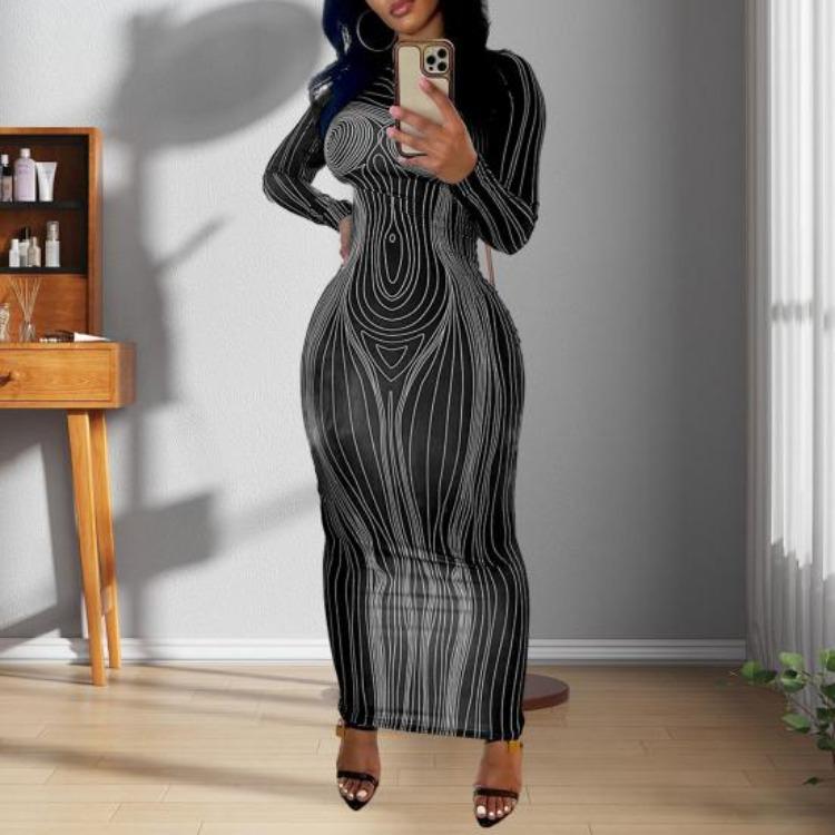 Women Spring Fall Party Dress Slim Fit Striped Print Maxi Dress Skinny Sheath Long Sleeve Elastic Round Neck Soft Thin Ankle Length Lady Dress