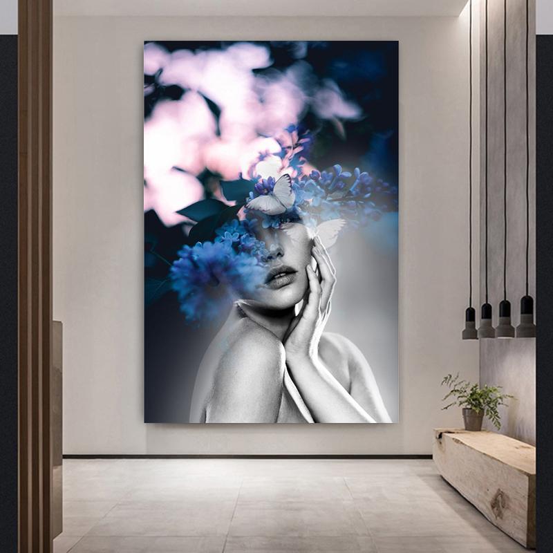 Moderne jenter med blomster på hodet Lerretsmaling Nordisk gang Veggkunstplakater Utskrifter til stuen Hjemmeinnredning uten ramme