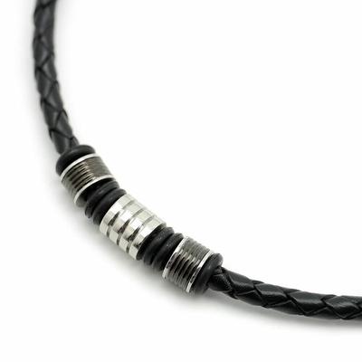 One Point Braided Choker Ko Leather Thin Magnet Type Black Length [Silver One] Men's [Black 45cm]