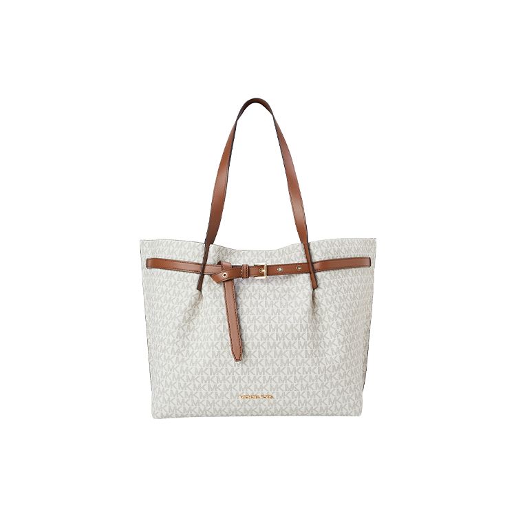 

Michael Kors MK Emilia Classic Monogram Print Commuter Fashion Design Lace-Up Leather Tote Bag Women Tote Vanilla-White Leather-Brown 35S1GU5T7B-150 Basic Set (Bag+Dust Bag)