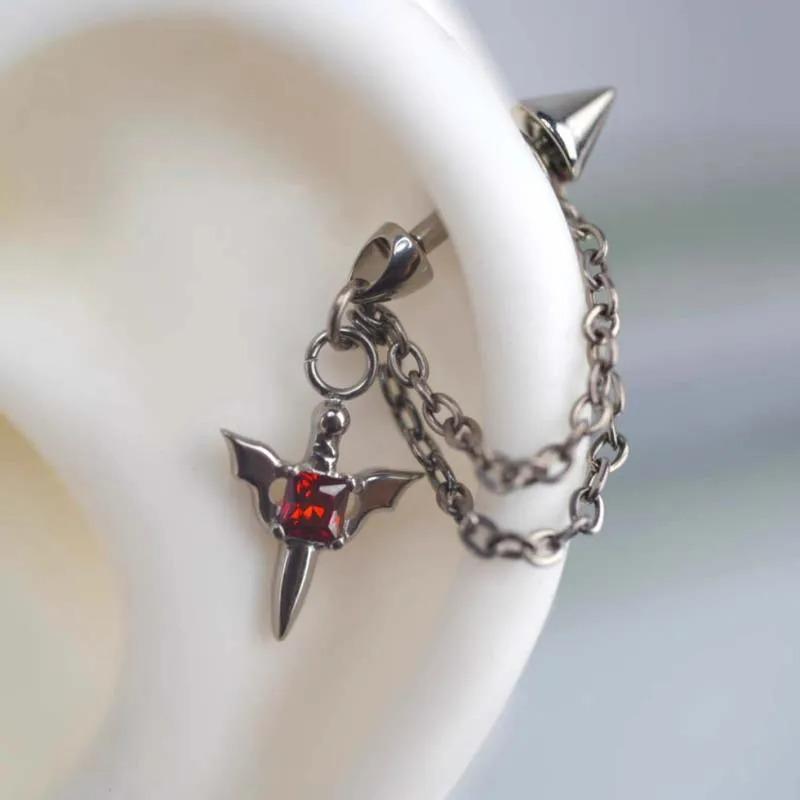Stainless Steel Wing Chain Red Zircon Piercing Earring for Women Men Gothic Silver Color Rivet Ear Bone Nail Earring Y2K Jewelry