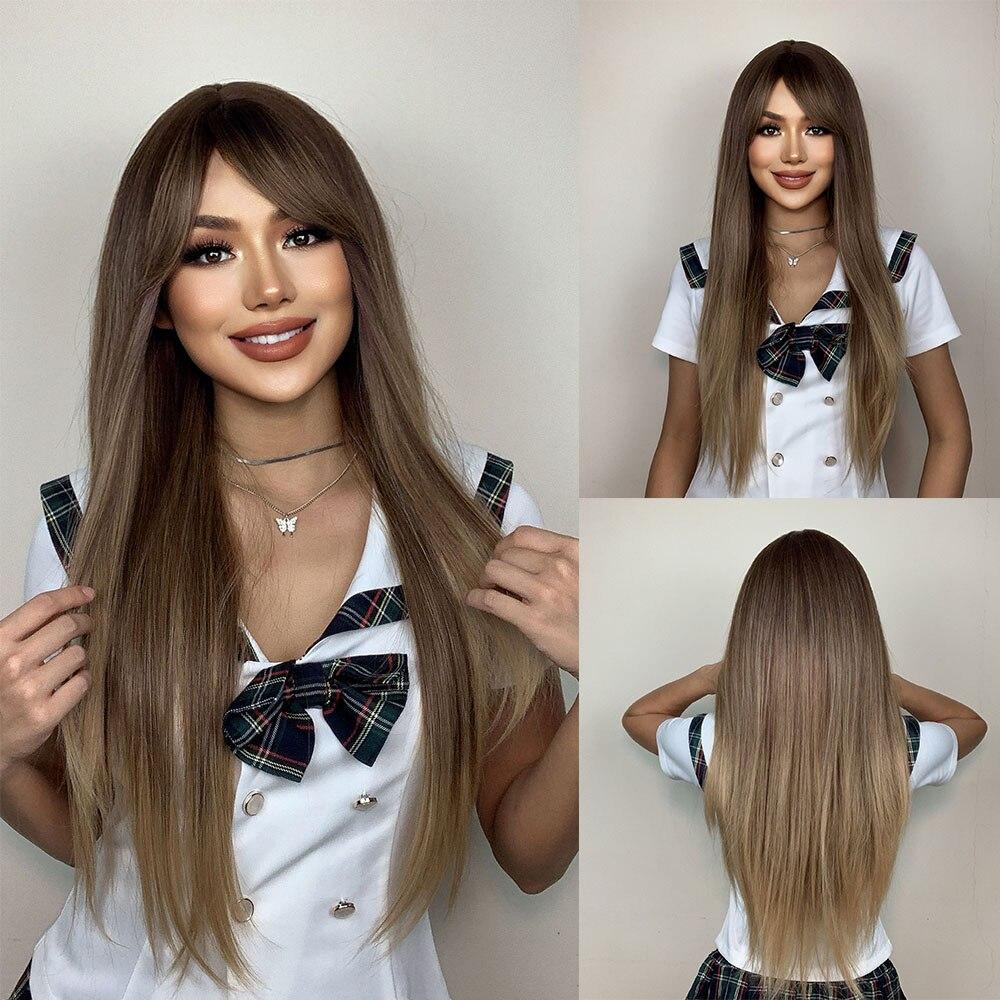 HAIRCUBE Long Straight Brown Ombre Natural Hair Wigs Middle Part Heat Resistant Synthetic Wigs for Afro Women Daily Cosplay Fashion Wigs
