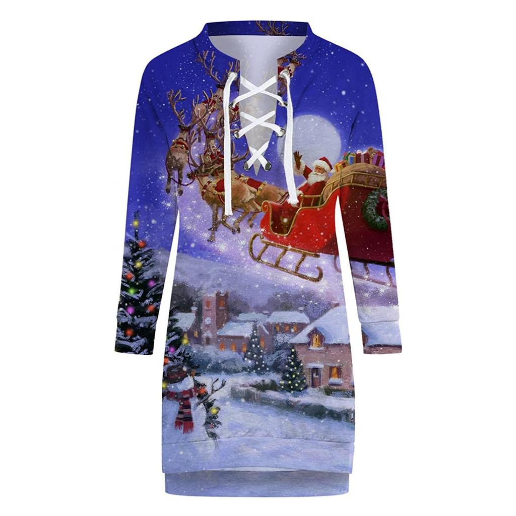 Fashion Women's Loose Christmas Print Long Sleeve V-neck Strappy  And Winter Dress