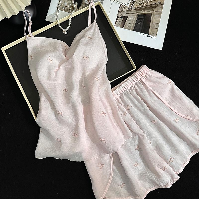 Pink Bow Suspender Ladies Lyocell Pajamas with Chest Pad Sweet Cute Summer Shorts Loungewear Comfortable