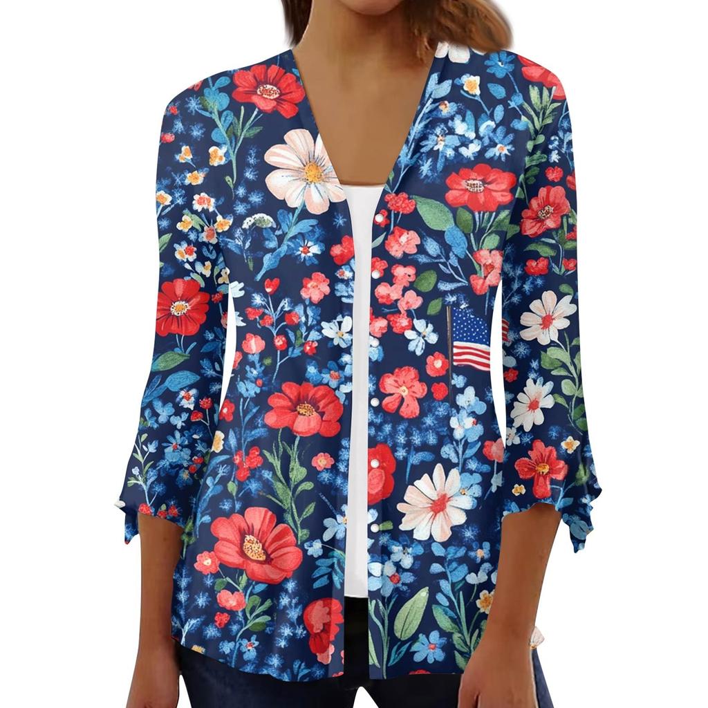 Women's Loose Casual Independence Day Printed Seven Sleeve Button Down Shirt Cardigan Top