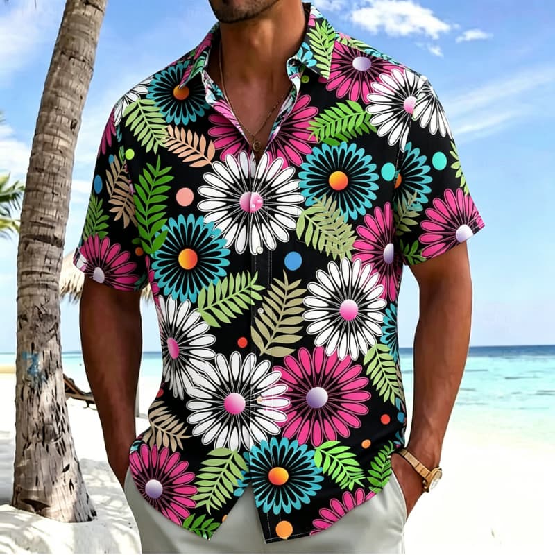 Men's Neon Tropical Printed shirt, Short Sleeved Shirt With pockets, Suitable For Beach Travel And Psychedelic Summer Atmosphere