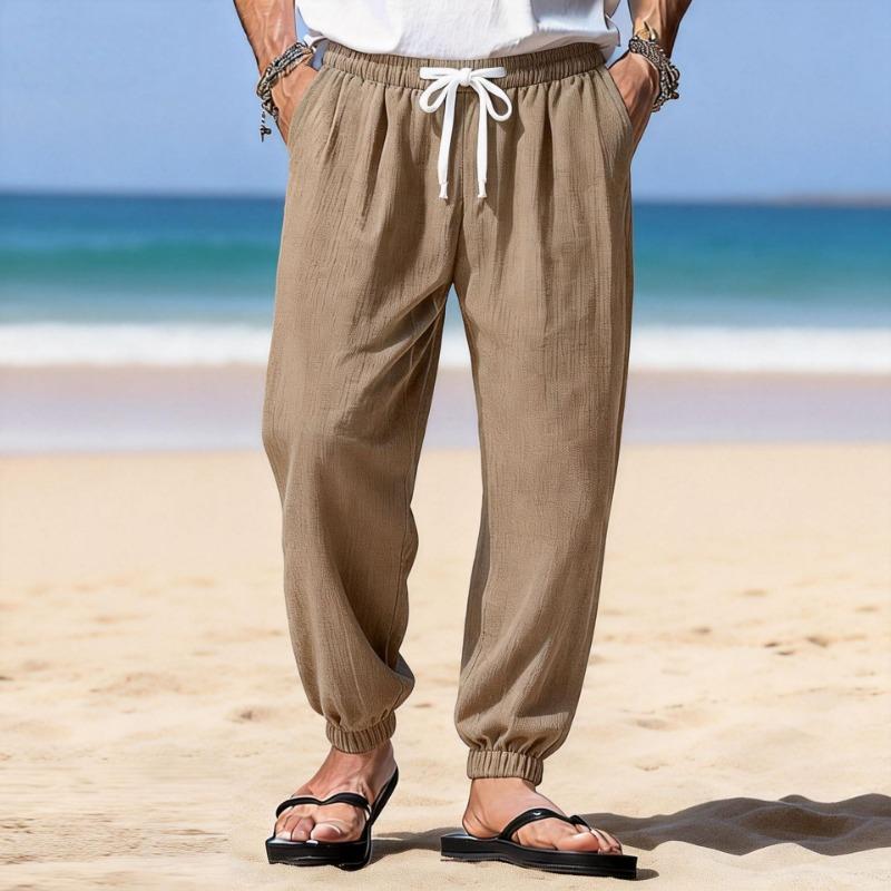 Men White Linen Blend Casual Pants Summer Drawstring Jogger S темные хаки