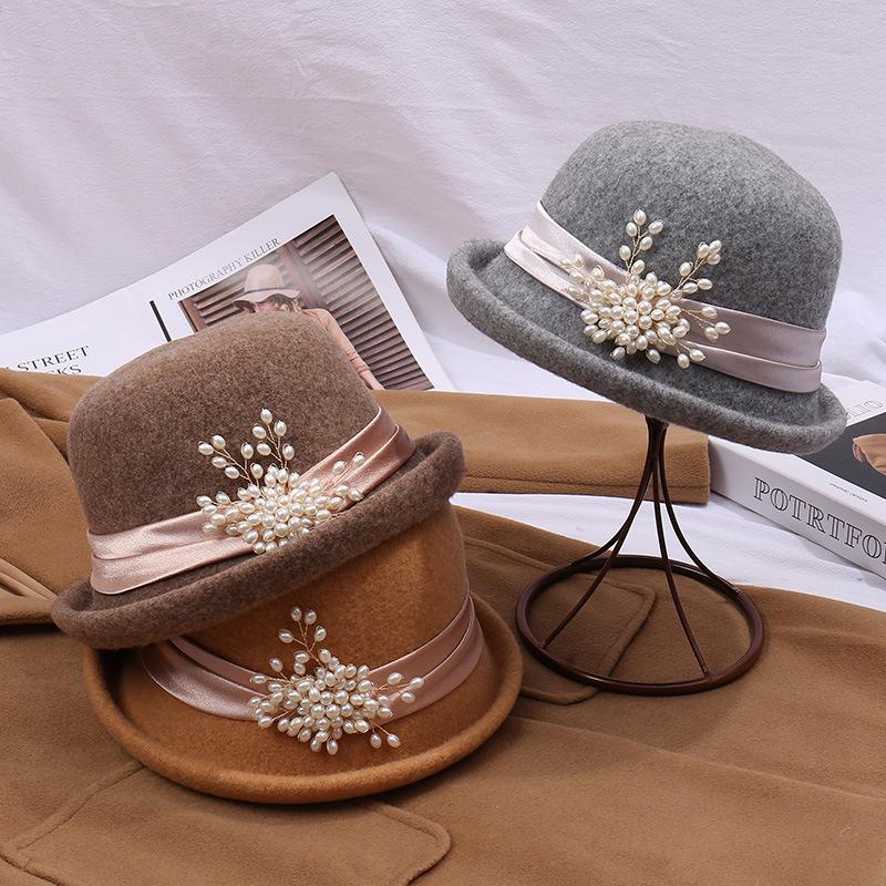 Autumn and winter fashionable and elegant all-match woolen basin hat, crimped dome top hat, women's new French retro wool top hat