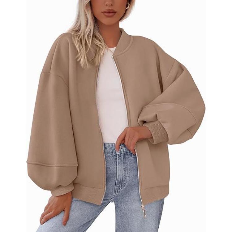 Women Loose Fit Baseball Jacket with Zipper Front Multi Color Casual Outerwear