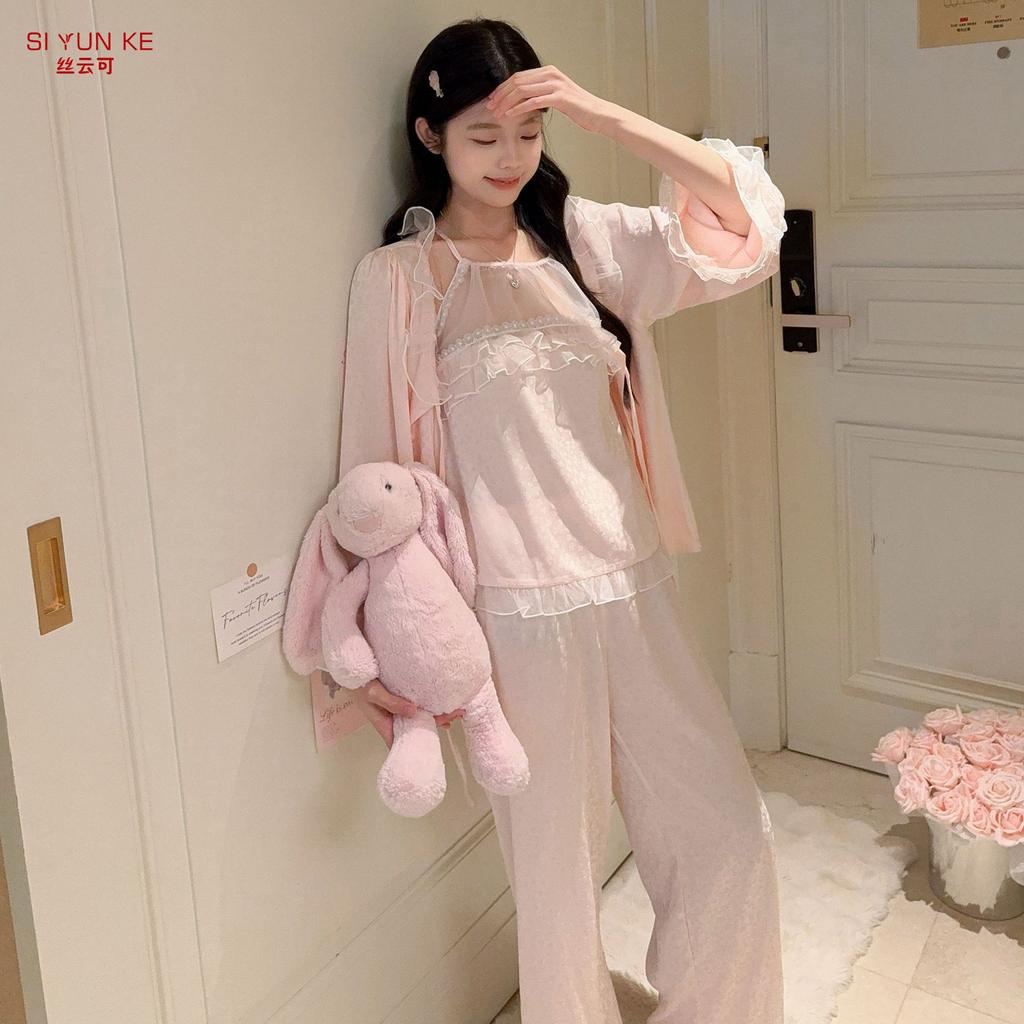 [Bright Girl] 1011 Spring New Three-piece Pajamas Belly Pocket Mesh Pure Desire Homewear Long Sleeve National Style