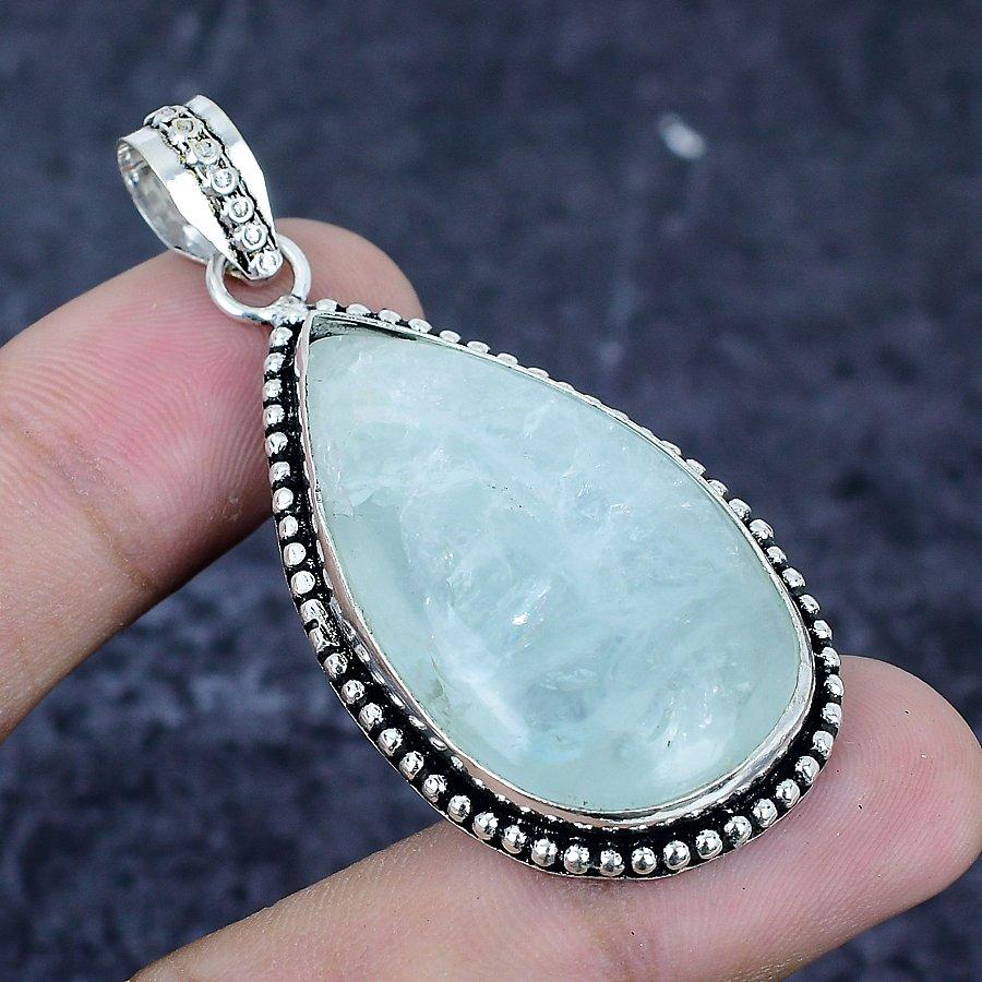 Aquamarine Gemstone Handmade 925 Sterling Silver Jewelry Pendant 2.25" V1f22