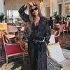 Women's Sheer Lace Lapel Long Sleeve Shirt High Waist Long Pants Sexy Two Piece Outfit Nightwear Set