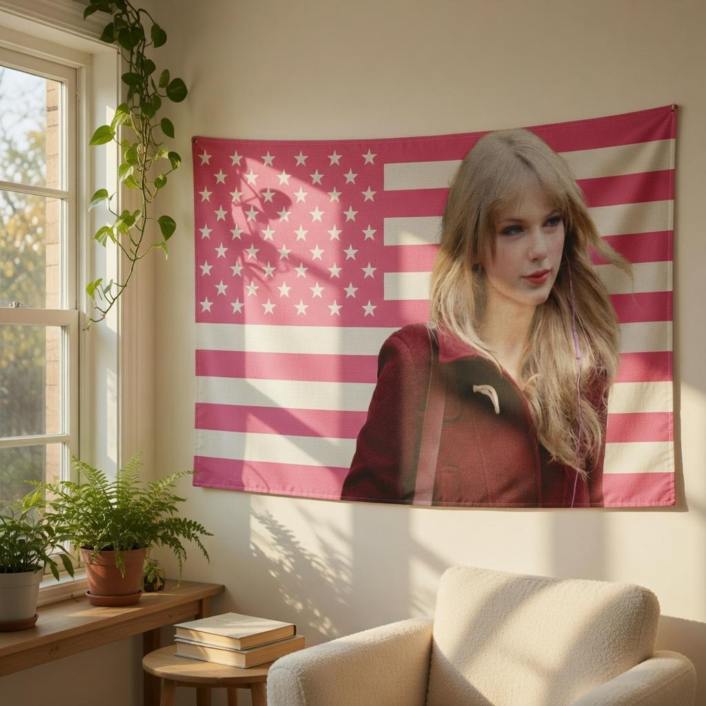 Music Icon Style Wall Tapestry Pink Stars Stripes Flat Print Aesthetic Room Decor For Living Room Party Dorm Backdrop