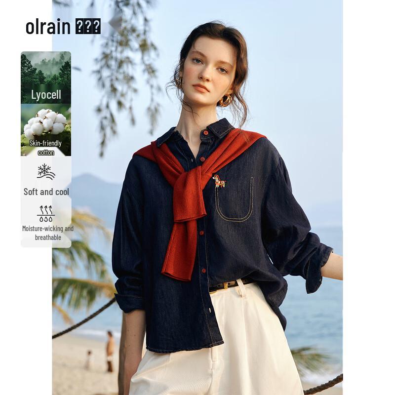 Olrain Women s Year of the Horse Embroidered Denim Long Sleeve Shirt M