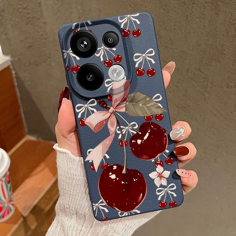 Cartoon Cherry Fruits Case For Xiaomi 13T Pro Redmi Note 15 Pro 4G Redmi Note 14 13 Pro+ 5G Leather Texture Silicone Cover
