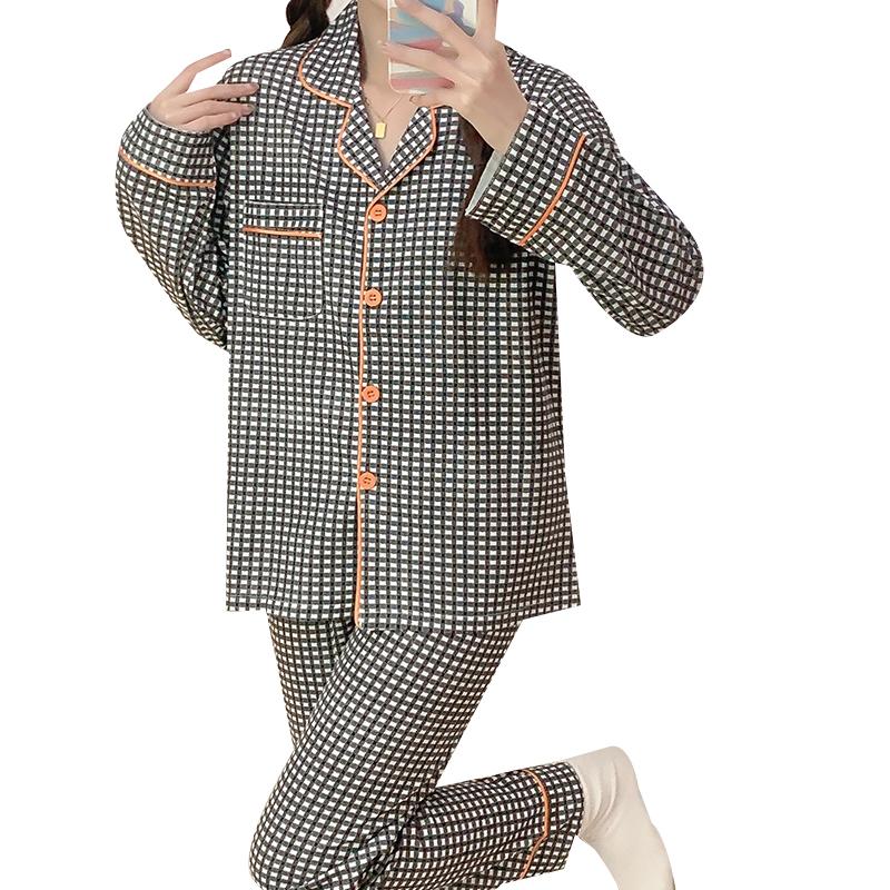 Women's Pajamas New Autumn Spring Long Sleeve Soft Sleepwear Set Grid Cartoon Cotton Pyjama Woman Home Nightwear Set Cardigan