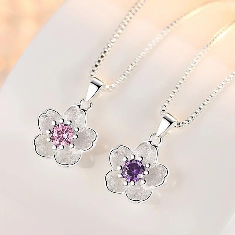 

925 Sterling Silver Fashion Cherry Blossom Ladies Pendant Necklaces Female Chain Jewelry Charms for Jewelry Making розовый