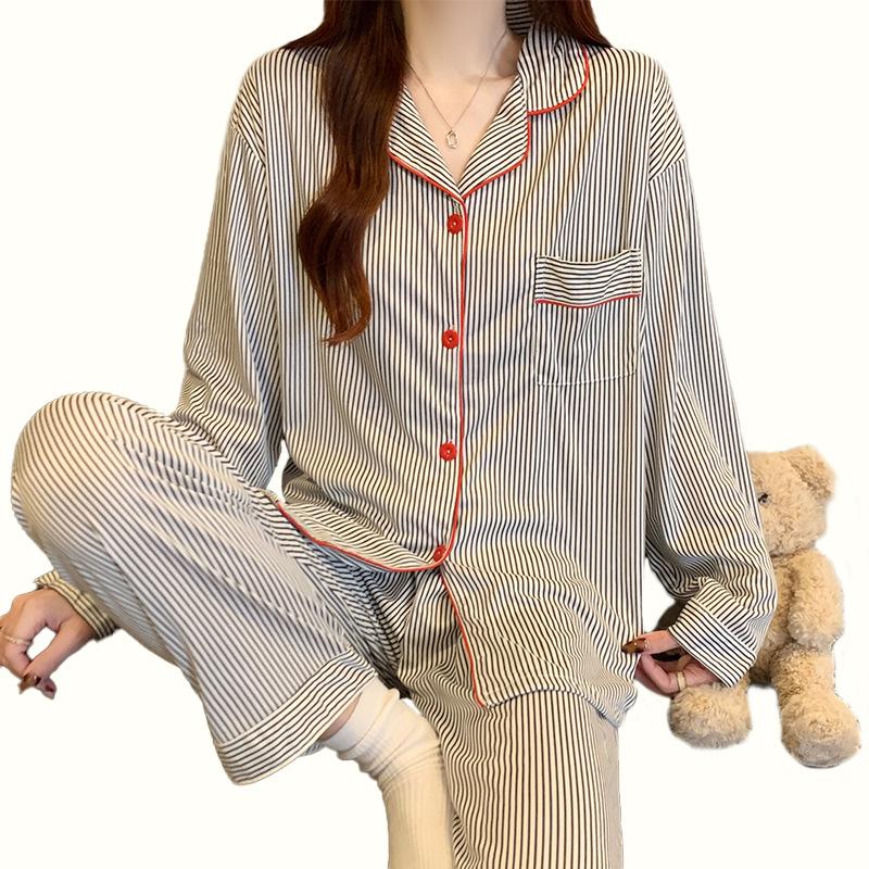 Korean Style Casual Long Sleeve Striped Pajamas for Spring/Autumn, Versatile Homewear with Fashionable, Relaxed Look.