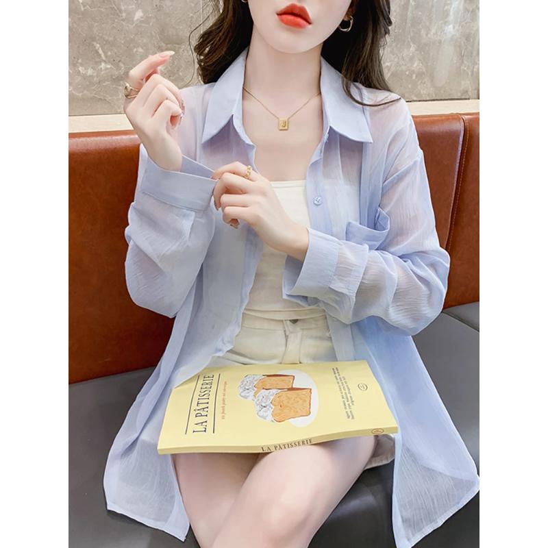 Womens Solid Color Sheer Long Sleeve Button Down Sun Protection Shirt