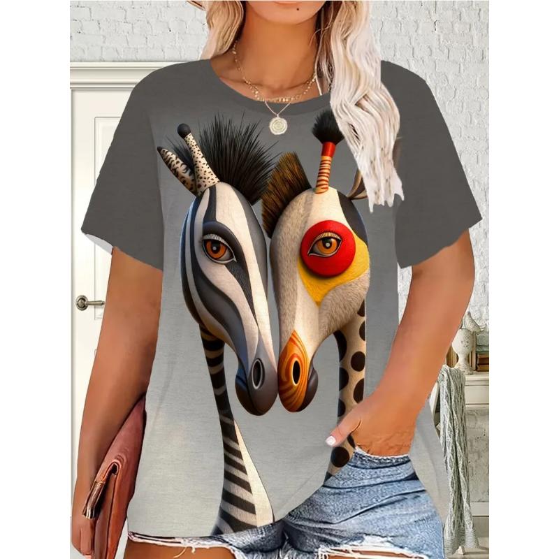 Fashion Women's Crew Neck Short Sleeve 3D Flower Color Printing Flower Short Sleeve Crew Neck T-Shirt