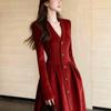Elegant Red Corduroy Winter Dress with Fleece Lining and Luxury Finish