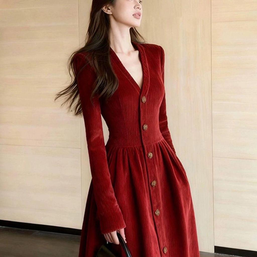 Elegant Red Corduroy Winter Dress with Fleece Lining and Luxury Finish
