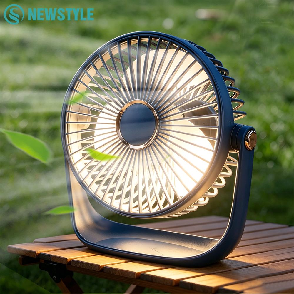 USB Rechargeable Desktop Electric Fan with LED Night Light 5-Speed Wind 360° Rotation Personal Portable Quite Mini Fan for Home
