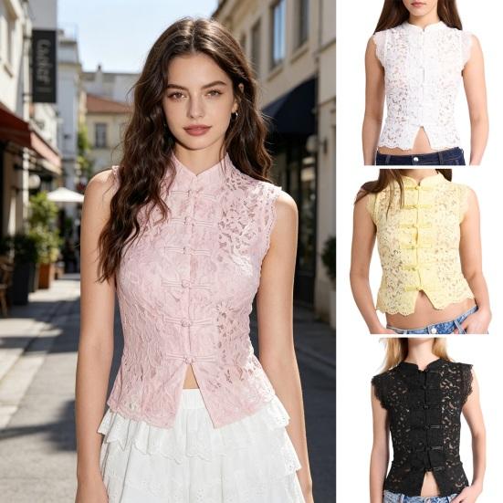 Women Tops Stand Collar Sleeveless Knot Button Short Tops Embroidery Lace Perspective Blouse Streetwear