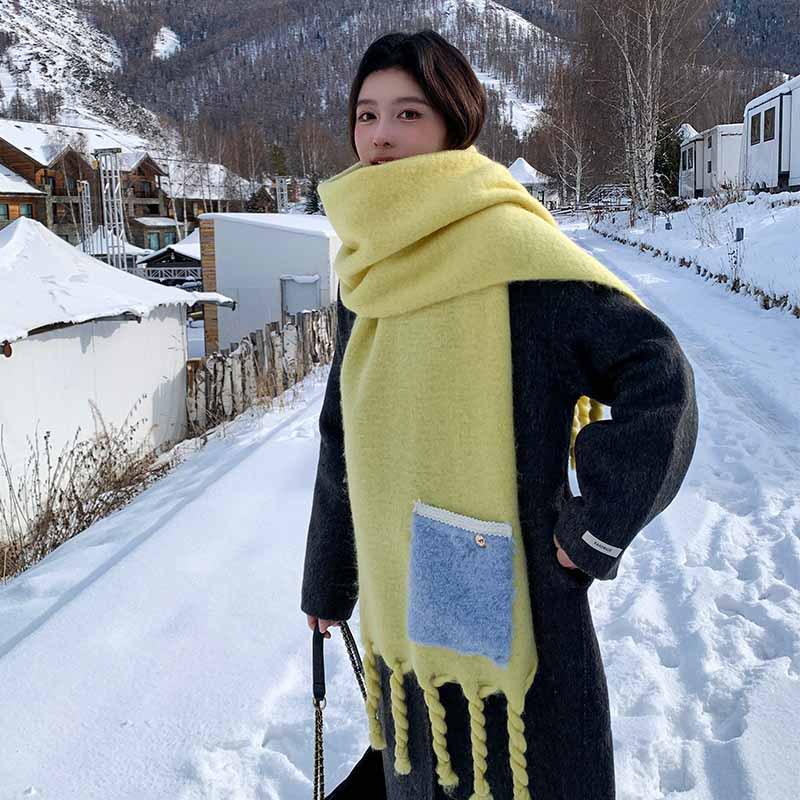 Korean Style Faux Cashmere Scarf with Pocket - Women's Winter High-End Design