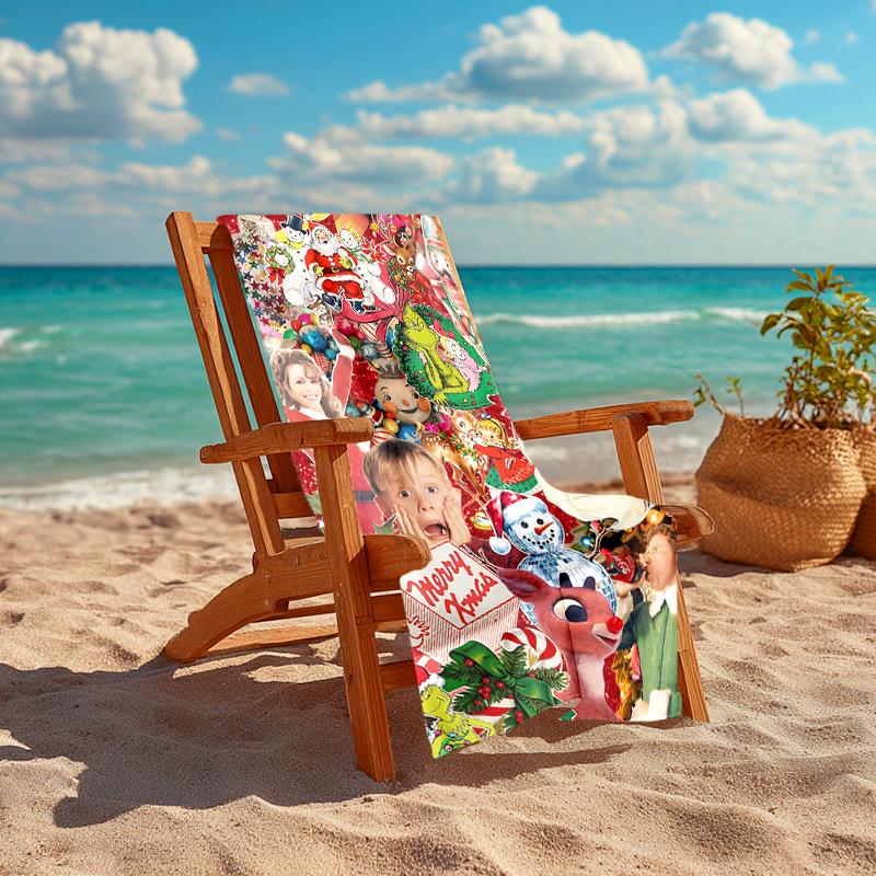 1Pc Christmas Joyful Celebration Beach Towel, Quick Dry, Multi-Use for Beach Pool Gym Yoga Home Travel, Christmas, Halloween, Xmas Gift S612