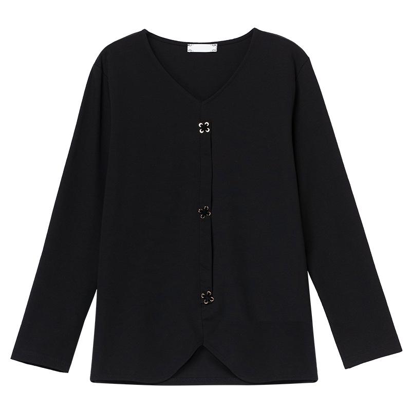 Women’s Plus Size V-Neck Long Sleeve Shirt – Loose Fit for Spring & Autumn, Slimming Design for Middle-Aged & Elderly 