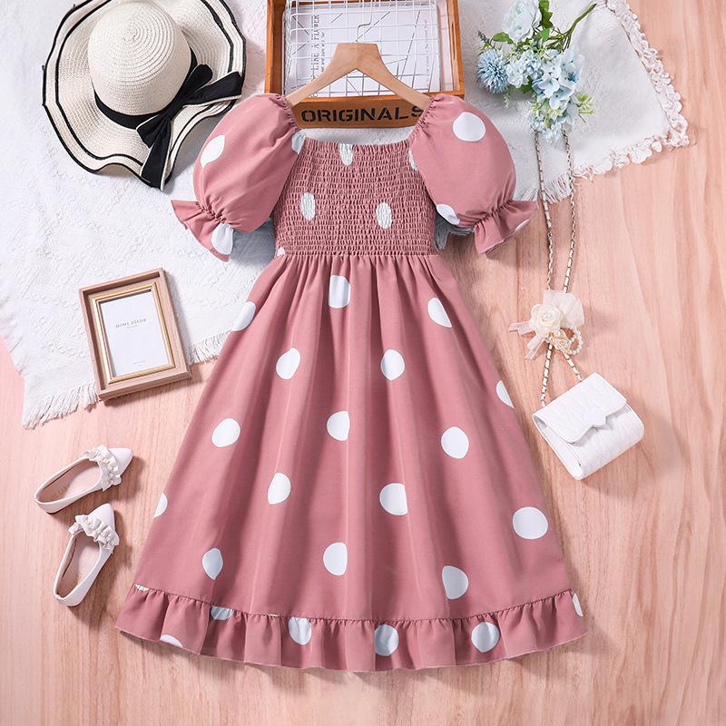 Mädchen Kleid 2024 Neue Kinder Sommer Polka Dot Kurzarm Prinzessin Kleid Kinder Kleidung
