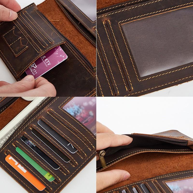 2025 Men's Crazy Horse Leather Wallet Retro Business Card Holder Real Cowhide Multi-card Clutch with Patina Finish