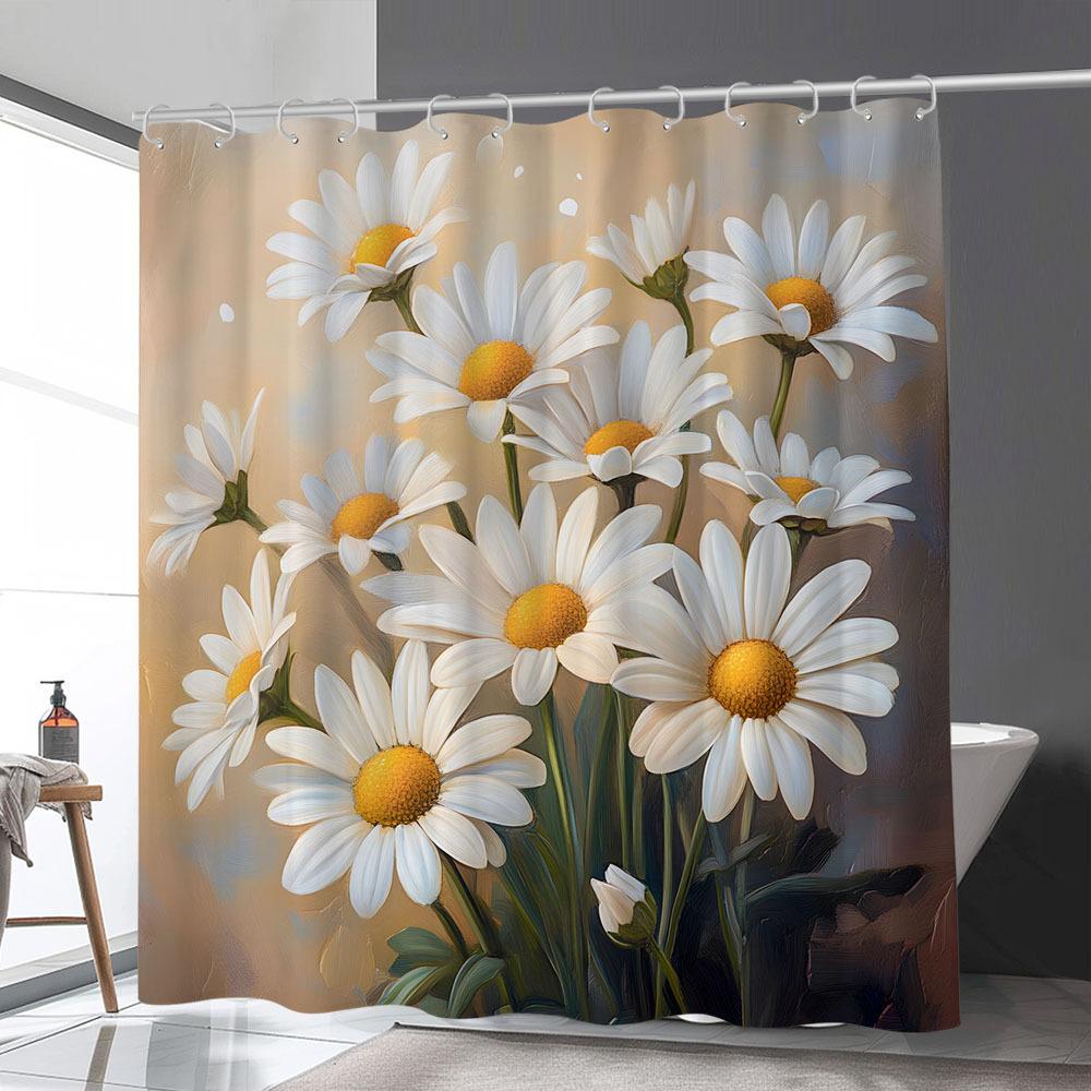 "1pc Daisy Print Shower Curtain - Polyester, Waterproof, 12 Hooks, Light Brown & White Daisies with Yellow Centers